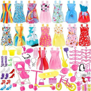 Janyun Total 114Pcs -16 Pack Doll Clothes Party Gown Outfits Set For Doll+ 98Pcs Girl Dolls Dresses Accessories Shoes Bags Necklace Mirror Hanger Tableware (Playing Style)