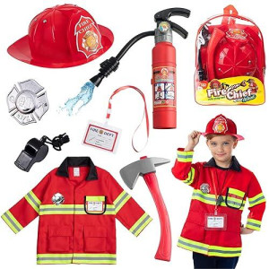 Born Toys 8 PC Washable Kids Fireman Costume, Red, Ages 3