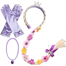 Princess Rapunzel Wig Rapunzel Braid Cosplay Long Hair Wig With Braid Gloves Necklace Dress Up Accessories For Girls (Purple1)