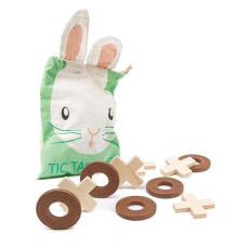 Tender Leaf Toys - Tic Tac Toe - Wooden Tic Tac Toe Game With Bunny Drawstring Bag - Travel Board Game For Kids And Adults - Age 3+