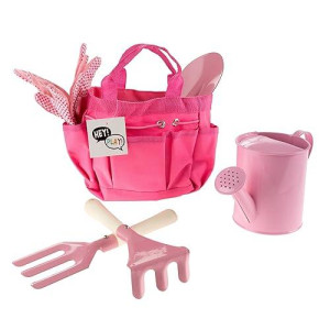 Hey! Play! Kid’S Garden Tool Set With Child Safe Shovel, Rake, Fork, Gloves, Watering Can And Canvas Tote- Mini Gardening Kit For Boys And Girls , Pink 4 X 7 X 6 Inches