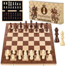 Wooden Chess Set For Kids And Adults - 15 Staunton Chess Set - Large Folding Chess Board Game Sets - Storage For Pieces | Wood Pawns - Unique E-Book For Beginner - 2 Extra Queens