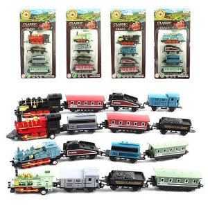 Corper Toys Mini Train Toy Die-Cast Pull Back Steam Train Model Set Assorted Styles For Kids Boys - 4 Packs (16 Pieces)