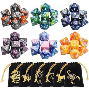 Ciaraq Dnd Polyhedral Dice Set (42Pcs) With 6 Gold Pattern Drawstring Pouches For Dungeons And Dragons Rpg Mtg Table Games. 6 X 7 Double-Colors Dice Sets (D4 D6 D8 D10 D% D12 D20)