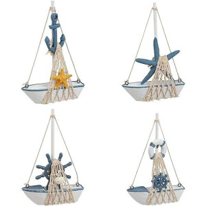 Juvale Set Of 4 Mini Wooden Sailboat Models For Beach Nautical Home Decor, Miniature Boat Decorations