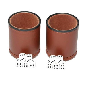 Reriver Pu Leather Dice Cup Set Felt Lining Quiet Shaker With 5 Dot Dices For Farkle Yahtzee Games, 2 Pack (Brown)