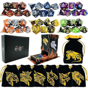 Toyful 6 Sets Double-Colors Dnd Dice Polyhedral Dungeons And Dragons Dnd Rpg Mtg Table Game Dice Bulk With Seven Free Drawstring Bags And D&D Dice Tower Gift Package Black