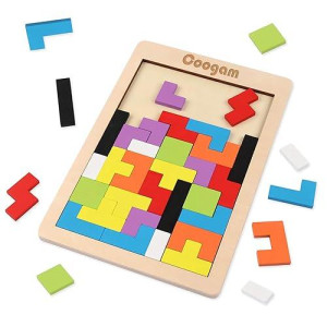 Coogam Wooden Blocks Puzzle Brain Teasers Toy Tangram Jigsaw Intelligence Colorful 3D Russian Blocks Game Stem Montessori Educat