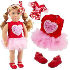 3Pc Pink Heart Valentine'S Day Outfit W Hair Bow - 18" Doll Clothes & Accessories Compatible W American Girl - Vday Set Includes Tutu Dress, Headband, & Red Shoes - Great Gift For Girls & Collectors