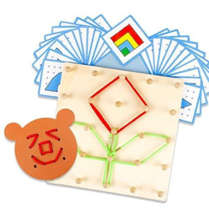 Yhzan Wooden Geoboard Graphing Peg Board Montessori Toddler Sensory Toy Colorful Rubber Bands Pattern Cards Preschool Learning Game