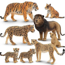 Toymany 8Pcs 2-5" Plastic Jungle Animals Figures Playset Includes Baby Animals, Realistic Lion, Tiger, Cheetah, Leopard Figurines With Cubs, Cake Toppers Christmas Birthday Toy Gift For Kids Toddlers