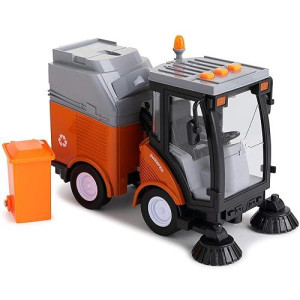 Toy To Enjoy Street Sweeper Toy Truck With Light & Sound Effects - Friction Powered Wheels, Removable Garbage Can & Rotating Brushes - Heavy Duty Plastic Cleaning Vehicle Toy For Kids & Toddlers