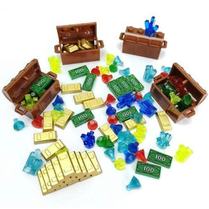 Zhx Treasure Accessories Jewel Chest, Gems Diamonds, Bullion Gold Bar, Crystals, $100 Dollar Bill Cash Toy Pirate Building Blocks Set For Kids 5 6 7 8 Years Old