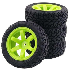 Lafeina 75Mm Rubber Tires And 6 Spokes Green Plastic Wheel Rims For 1/10 Scale Hsp 94123 Hpi Kyosho Tamiya Rc On Road Car 1:16 Rally Car (Black)