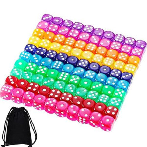 Blulu 100 Pcs 6 Sided Games Dice Set, Colored Dice With Black Velvet Pouches For Playing Games, Like Board Games, Dice Games, Math Games, Party Favors And More(Rainbow Color, 14 Mm)