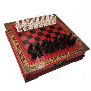 Ireav Retro Terracotta Warriors Chess Set For Kids And Adults Classic Family Board Game With Folding Wooden Chessboard 3D Resin Chess Pieces And Storage Slots (10.23×10.23 Inch)