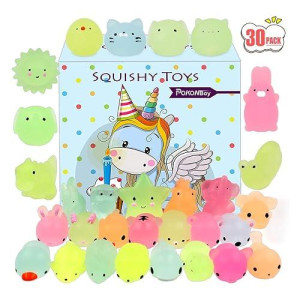 Pokonboy Mochi Squishy Toys Glow In The Dark For Party Favors - 30 Pack Mini Kawaii Cute Animal Squishies Stress Relief Squishy Animals Mochi Cat Squishy With Gift Box