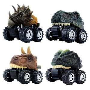 DINOBROS Pull Back Dinosaur Car Toys 4 Pack for Kids