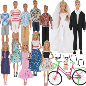 Ztweden 33Pcs Doll Clothes And Accessories For 12 Inch Boy And Girl Doll, Includes 20 Wear Clothes Shirt Jeans Suit And Wedding Dresses, Glasses Earphones Dog And Bike For 12'' Boy Girl Doll