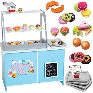 Wooden Bakery Playset Pretend Stand For Kids - 25 Piece Bake Shop Cafe Counter With Food, Donuts, Cake, Chalkboard, Cash Register, Trays & More- Durable Construction For Creative Playtime- Girls Gift