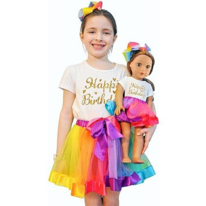 Zita Element Rainbow Clothes And Hair Accessories For American 18 Inch Girl Doll Matching Girls Outfits - 2 Cotton Shirts, 2 Rainbow Tutu Skirts And 2 Bow Hair Clips For Kid Girl Birthday Gift.