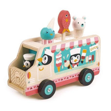 Tender Leaf Toys - Penguin’S Gelato Van - Food Truck Style Pretend Play, Ice Cream And Ice Lolly Wooden Vehicle - Encourage Role Play And Develops Social Skills For Children - Age 18M+