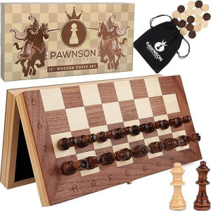 Magnetic Wooden Chess Checkers Set For Kids And Adults - 12 In Staunton Chess Set - Travel Portable Folding Chess Board Game Sets - Storage For Wood Pieces - 2 Extra Queens