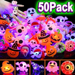 50 Pcs Halloween Led Glow Ring, Light Up Toys Glow In The Dark Birthday Halloween Party Favors Decorations Supplies For Kid Adults Flash Finger Rubber Rings 8 Shape Ghost Pumpkin Skeleton Spider Bat