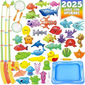 Cozybomb™ Magnetic Fishing Toys Game Set For Kids | Water Table Bathtub Kiddie Pool Party & Pole Rod Net, Plastic Floating Fish Toddler Color Ocean Sea Animals Birthday Age 3 4 5 6 Year