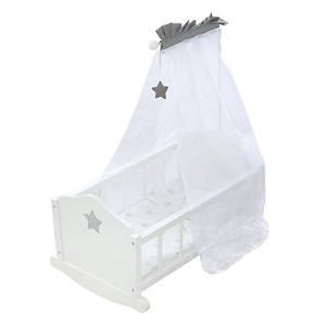 Roba Doll Cradle Set: Stella - Star, Gray & White - Includes Hanging Mobile, Pillow, Blanket & Canopy, Children'S Pretend Play, Ages 3+