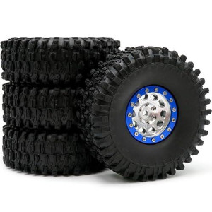 Hobbysoul Rc 1.9 Tires Tyres Height 120Mm/4.72Inch & Alloy 1.9 Beadlock Wheels Rims Hex 12Mm Silver&Blue Color For Trx-4 D110 Scx10 1/10 Mud Crawler Truck, (4-Pack, Assembled)