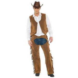 Wild West Men'S Costume Western Rider Cowboy Inspired Costume Features Faux Leather Vest And Matching Chaps With Fringe And Buckle Brown