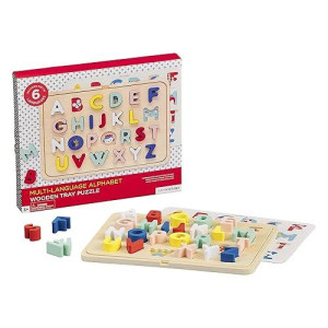 Petit Collage Multi-Language Alphabet Wooden Jigsaw Tray Puzzle - Abc Puzzle With 26 Letter Pieces And 4 Icon Sheets, Language Development Toys In English, French, Italian & German, Ideal For Ages 3+