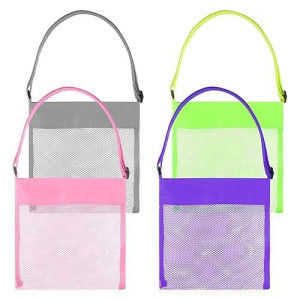 Tuparka 4 Pcs Colorful Mesh Beach Bags Sea Shell Bags Beach Shell Bags Adjustable Carrying Straps Bags For Kids