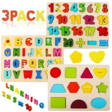 Wooden Puzzles For Toddlers, Voamuw Alphabet Number Shape Learning Puzzle For Kids Ages 3 4 5, Montessori Toys Preschool Education Chunky Jigsaw For Boys And Girls