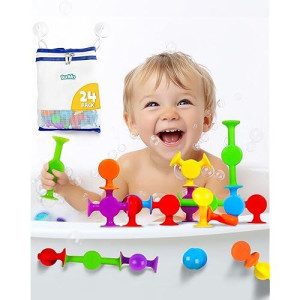 Bunmo Suction Bath Toys - Connect, Build, Create - No Mold Bath Toy - Hours Of Fun & Creativity - Fine Motor Skills - Stimulating & Addictive Sensory Toy - Non-Mouthable Toy 3+ - Smooth 24 Pack