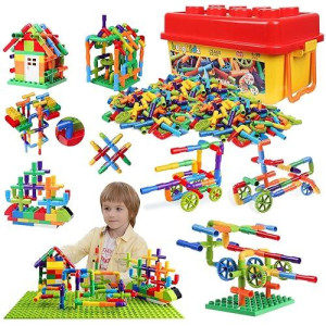 Burgkidz 426 Pieces Toy Pipe, Creative Stem Tube Locks Construction With Wheels And Mini Baseplate, Interlocking Educational Sensory Kit, Preschool Learning Toys For Boy And Girls Ages 3+