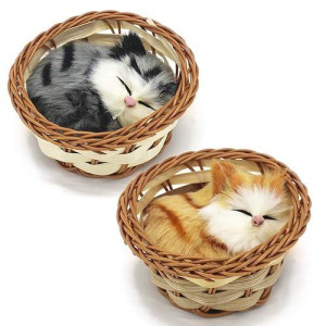 Coolayoung 2Pcs Sleeping Cat In Basket Doll Toy, Mini Kitten In Woven Basket With Meows Sounds Decor For Office Desk Hand Toy Gift For Kids Boys Girls