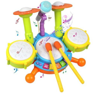 Pokonboy Kids Drum Set For Toddler 1-3, Musical Instruments Learning Toys With 2 Drum Sticks Adjustable Microphone Birthday For Boys Girls 6 12 18 Month (Yellow)