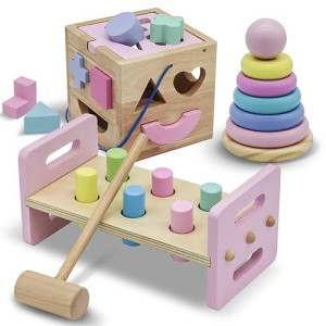 Waliki Deluxe Wooden Toy Bundle For Girls | Pastel Pounding Bench, Shape Sorter Box & Rainbow Stacker | Montessori Toys For Toddlers & Preschoolers | Ages 2-5 | Educational Gift