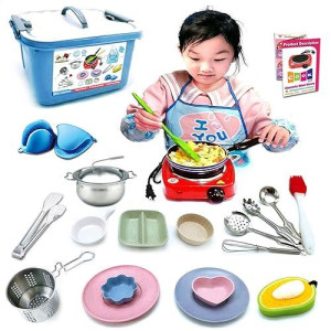 22 Pcs Montessori Kids Junior Tiny Real Toddler Safe Easy Bake Cook Set With Pretend Kitchen Tool -Mini Stove Burner, Chef, Apron, Oven Mitt, Recipes -Real Food Utensils Gift For Boys Girls Ages 6-12