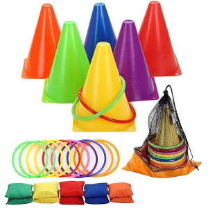 Win Sports 3 In 1 Carnival Outdoor,Combo Games Set,Soft Plastic Cones,Cornhole Bean Bags,Ring Toss Game,Kids Birthday Party Outdoor Games Supplies 26 Piece Set