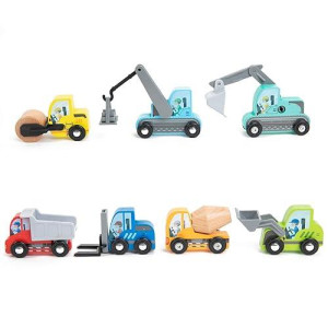 Umu Construction Toy Cars 7 Pcs Wooden Kids Mini Vehicles For Toddlers, Compatible To Thomas Train Toys Railway And Major Brands, Best For 3 To 5 Year Old Boys And Girls