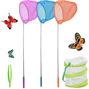 Seisso Telescopic Butterfly Nets For Kids 3 Packs, Outdoor Explorer Catching Kits Including Catching Nets/Insect Mesh Cage/Tweezer,Great For Catching Insects Bugs Fishing, Extendable 34 Inch