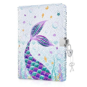 Wernnsai Mermaid Diary For Girls With Lock - Reversible Sequins Kids Journals Unique Mermaid Gift Diary For Girls Ages 6-8, Travel School Office Notebook Notepad A5 Diary