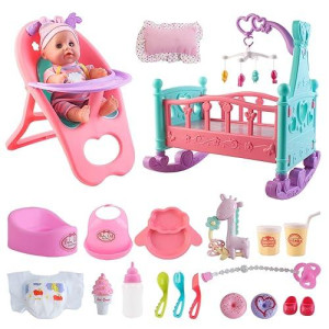 Deao 12” Baby Doll Play Set With Crib, Mobile, High Chair Feeding Accessories, Interactive Dolls For Girls Kids Pretend Play Baby Dolls 21 Pcs