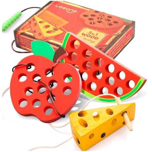 Lacing Toy For Toddlers, Fine Motor Skill Toys For 3 Year Old, Educational Learning Montessori Activity For Baby Kids, Car Plane Travel Games, Wooden Threading Toys 1 Apple,1 Watermelon, 1 Cheese.