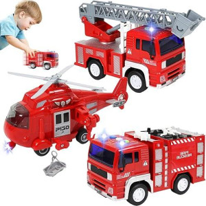 Teganplay Fire Truck 3 Pack Friction Powered Fire Rescue Vehicle Car Set With Lights And Sounds Including Helicopter, Firefighter And Fire Engine Toys For Boys Toddlers