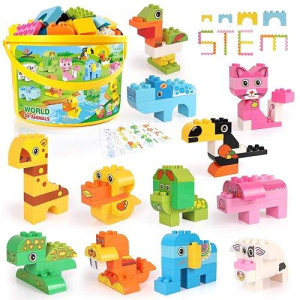 Building Blocks Set For Toddlers, Creative Large Building Bricks, Toy Animals Building Kit With Storage Box, Preschool Learning Educational Toys For Kids Boys Girls Gifts For 3+ Years Old (122 Pieces)