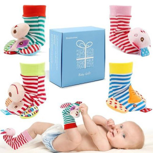 Bloobloomax Baby Infant Rattle Socks Toys, Sock Rattles For Babies 0-24 Months Baby Animal Foot Finder Learning Toy (Cotton A)